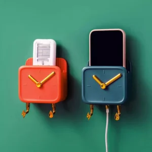 Alarm Clock Shape Mobile Holder | Wall Mounted Phone Holder | Clock Shaped Holder | Self Adhesive Phone Charge Holder | Mobile Phone Storage Rack